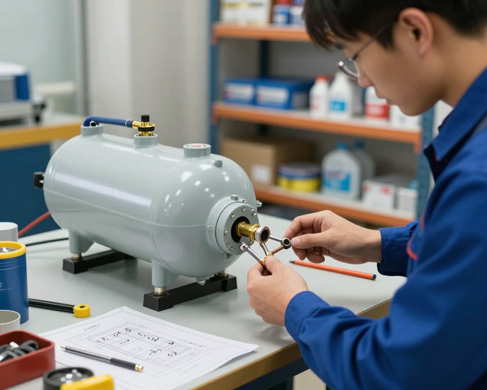 A detailed installation scene of a diaphragm expansion tank for a hot water boiler. In the foreground, a skilled technician in professional attire is carefully connecting pipes to the expansion tank, focusing on precise tool handling. The middle ground features a well-lit, organized workshop with essential tools, blueprints, and the tank prominently displayed on a workbench. The background shows blurred shelves filled with plumbing supplies, creating a sense of depth. Soft, bright lighting illuminates the scene, conveying a mood of professionalism and expertise. A close-up angle highlights the intricate details of the tank and connections, emphasizing the importance of preparation in the installation process.
