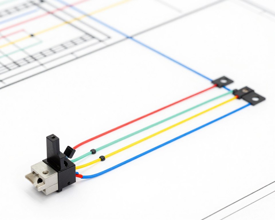 A detailed schematic diagram of a three-phase reversing switch connection. The foreground showcases clear, labeled components including wires, a switch symbol, and connection points. The middle section should include color-coded phases, represented by distinct lines like red, yellow, and blue, illustrating their paths. The background subtly features a grid or blueprint style to enhance the technical feel, suggesting precision and clarity. The overall lighting is bright and clean, emphasizing the intricacies of the schematic, with a slight tilt angle to provide dimensionality. The atmosphere should convey a sense of professionalism and technical expertise, making it suitable for educational purposes without any text overlays or distractions.