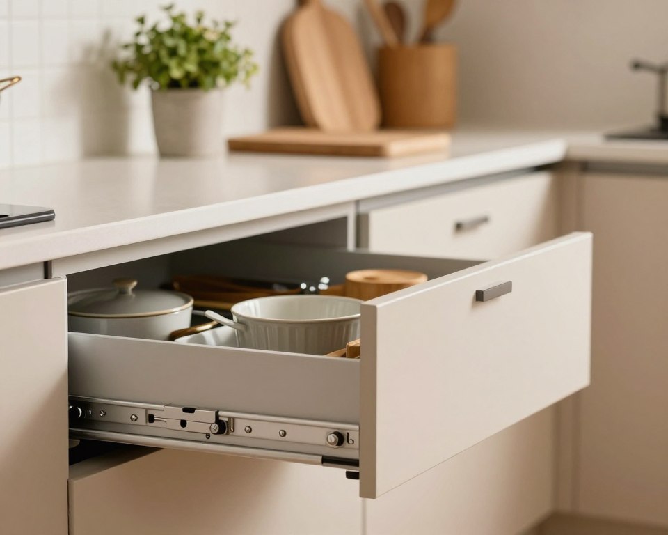 A high-quality, realistic image showcasing a modern kitchen featuring "Rejs" drawers equipped with ball-bearing slides. In the foreground, focus on an open drawer, revealing neatly organized kitchen utensils and cookware, highlighting the smooth sliding mechanism. The middle of the scene includes a sleek countertop with minimalistic design elements, such as a cutting board and a potted herb plant for a touch of greenery. The background should feature cabinets with a warm, inviting color palette and soft lighting that creates a cozy atmosphere. Use a shallow depth of field to emphasize the drawer, with soft bokeh on the cabinets in the background, conveying a sense of clean, functional elegance in kitchen design.