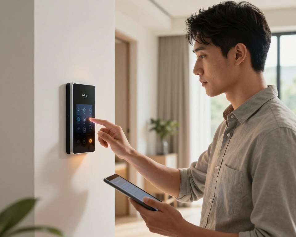 A modern home intercom system installation scene, showcasing a close-up of a user-friendly ACO intercom device on a sleek wall. In the foreground, a professional-looking technician in a button-down shirt, carefully configuring the intercom settings using a tablet. The middle layer features the intercom unit with buttons illuminated softly, casting a warm glow. In the background, a well-lit, contemporary hallway with neutral colors and minimalistic decor that conveys a peaceful atmosphere. Soft, natural light streams in through a nearby window, highlighting the technician's focused expression. The overall mood is one of expertise and efficiency in home communication technology setup.