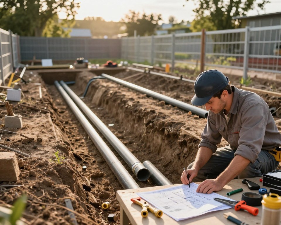 A step-by-step illustration of creating a water connection on a plot of land, showcasing a neatly organized construction scene. In the foreground, a professional, modestly dressed worker is seen inspecting pipes and tools spread out on a workbench. The middle ground features an open trench where pipes are being laid, and a blueprint is visible beside the worker. In the background, a partially constructed fence marks the boundary of the property, with trees softly lit by late afternoon sunlight. Ensure the scene conveys a sense of careful planning and execution, with warm, natural lighting enhancing the practical atmosphere. The image should focus on technical details like the tools, pipe fittings, and the layout of the water connection process, emphasizing clarity and organization. No text or additional elements should be present.